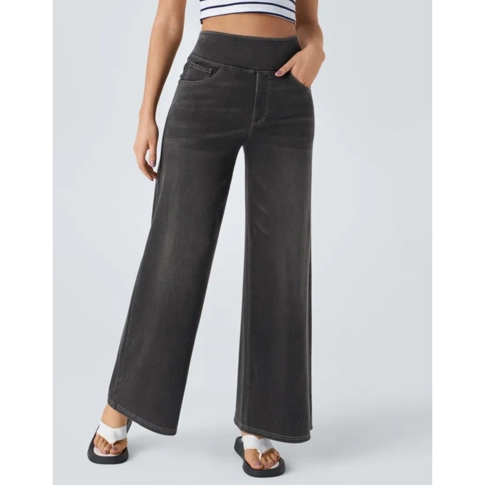 NWT Halara Flex High Waisted Pockets Baggy Wide Leg Washed Casual Jeans Small